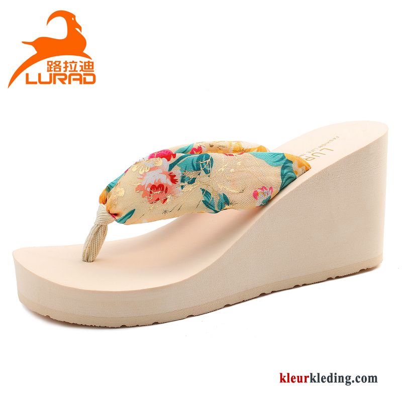 Antislip Zomer Zijde Bedrukken Slipper Plateauzool Pantoffels Vrouw Dames Wit Beige