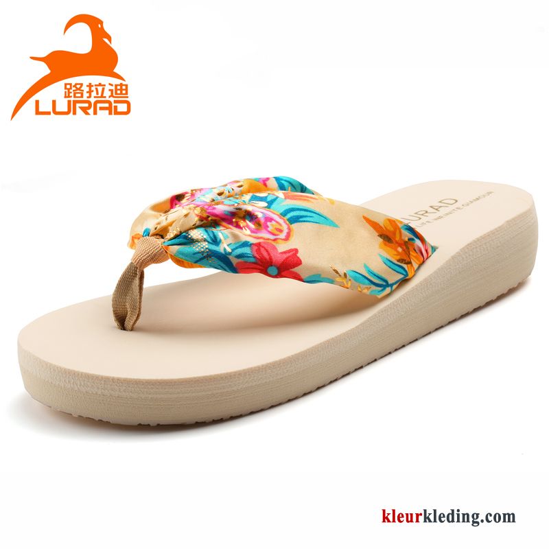 Bedrukken Plateauzool Zomer Vrouw Pantoffels Strand Sleehak Slipper Dames Wit Beige