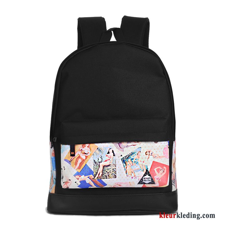 Bedrukken Rugzak Trend Canvas Schooltas Casual Groot Dames Heren Zwart