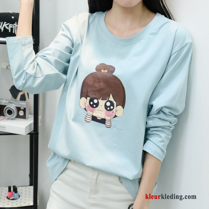 Bedrukken Voorjaar Ronde Hals Dames T-shirt Lange Mouw Losse Eenvoudige Onderhemd