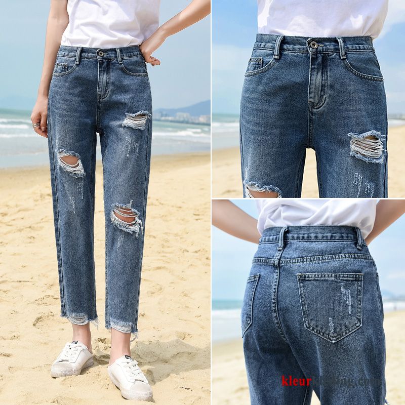 Blauw Hoge Taille Gaten Zomer Dunne Losse Spijkerbroek Jeans Dames