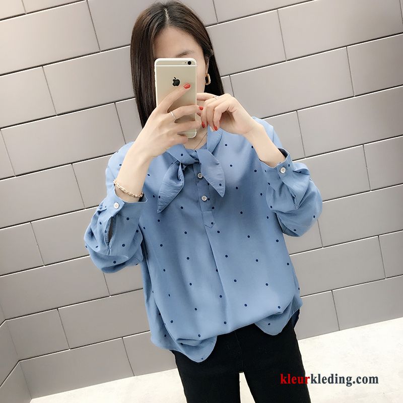 Blauw Vlinderdas Ontwerp Nieuw Blouse Overhemd Dames Trend Mini