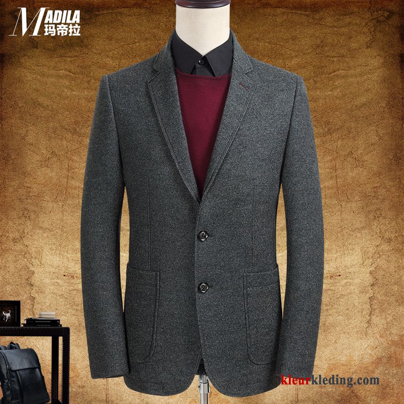 Blazer Pak Grijs Heren Mannelijk Casual Slim Fit Herfst Wol