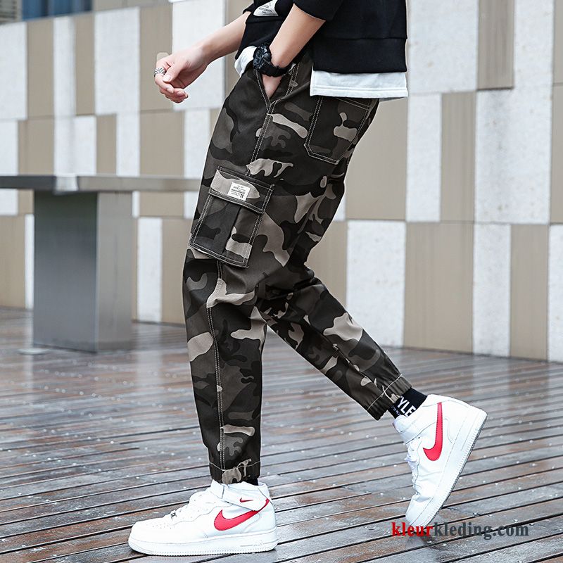 Cargo Broek Camouflage Meer Zakken Slim Fit Strak Losse Student Mannelijk Grijs Heren