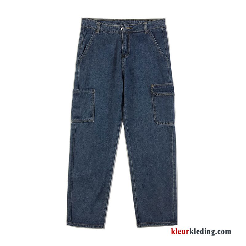 Cargo Broek Trendy Merk Heren Spijkerbroek Jeans Cargo Blauw Herfst Voorjaar Losse