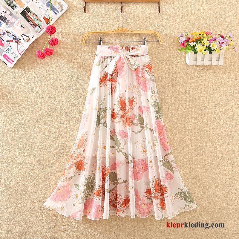 Chiffon Rok Groen Bloemen Lang Dames Jurk Zomer Beige