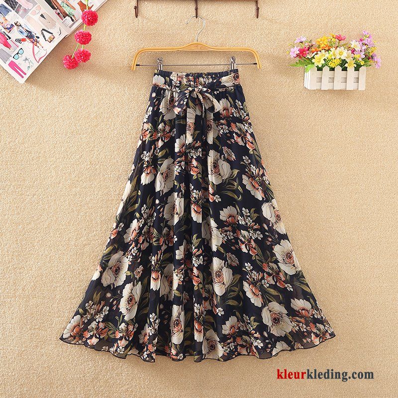 Chiffon Rok Groen Bloemen Lang Dames Jurk Zomer Beige