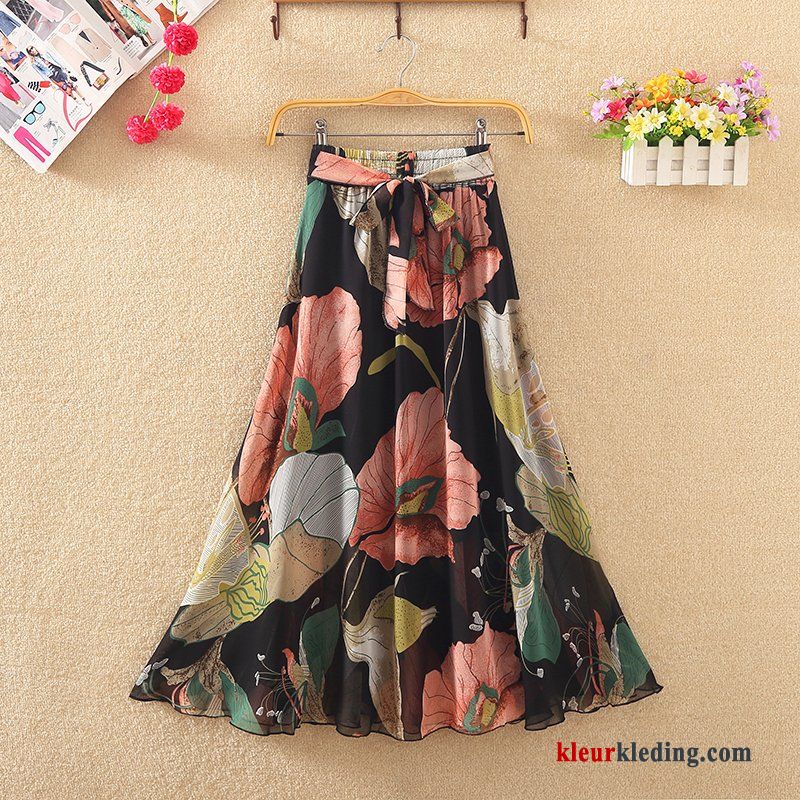 Chiffon Rok Groen Bloemen Lang Dames Jurk Zomer Beige