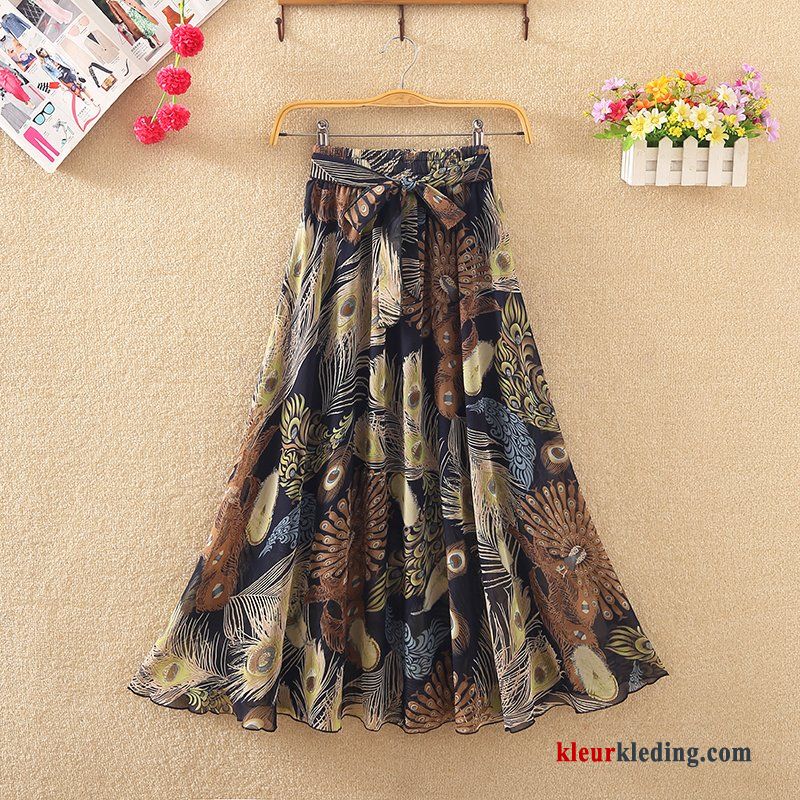 Chiffon Rok Groen Bloemen Lang Dames Jurk Zomer Beige