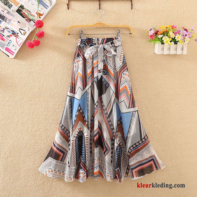 Chiffon Rok Groen Bloemen Lang Dames Jurk Zomer Beige