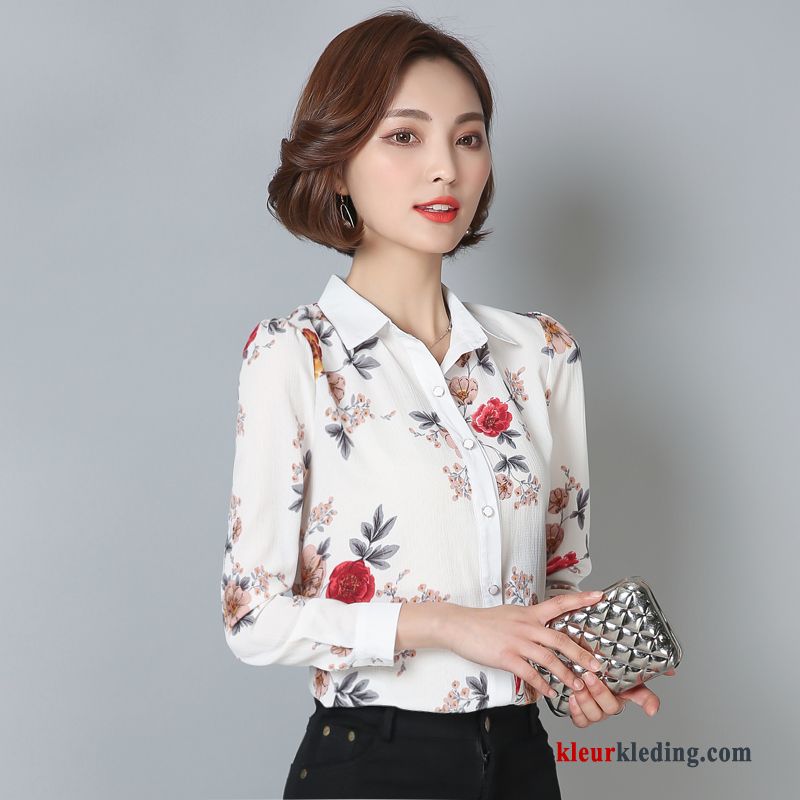 Dames 2018 Blouse Overhemd Chiffon Slim Fit Bedrukken Elegante Nieuw Lange Mouwen