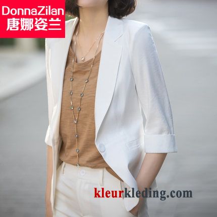 Dames Blazer Katoen En Linnen Groot Nieuw Halve Mouw Mini Wit Pak Jasje Zomer