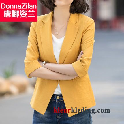 Dames Blazer Katoen En Linnen Groot Nieuw Halve Mouw Mini Wit Pak Jasje Zomer