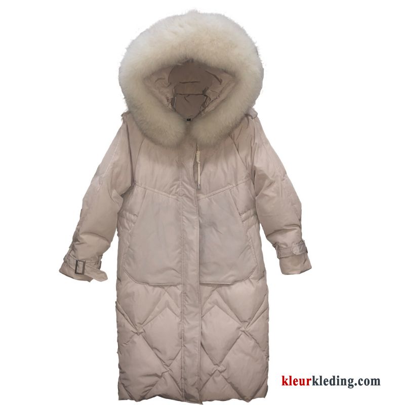 Dames Bontkraag Mode Donsjack Winter Elegante Hoodie Trend Lang Beige