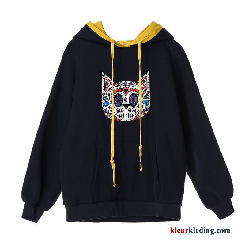 Dames Borduurwerk Pullover Jasje Blauw Losse Herfst Hoodie Geborduurde