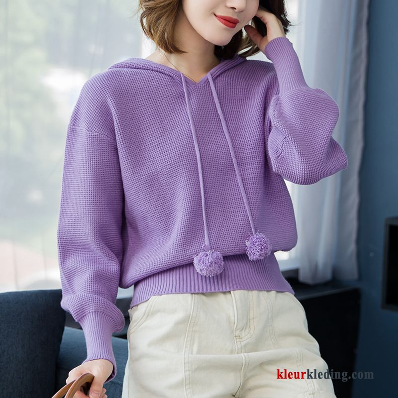 Dames Gebreid Hemd Hoodie Losse Trend Purper Voorjaar Jasje