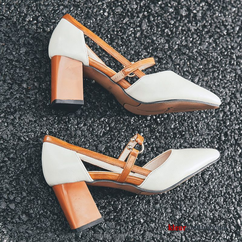 Dames Hoge Hakken Casual Licht Dikke Zool Pumps Schoenen Echt Leer Punt Wit Beige