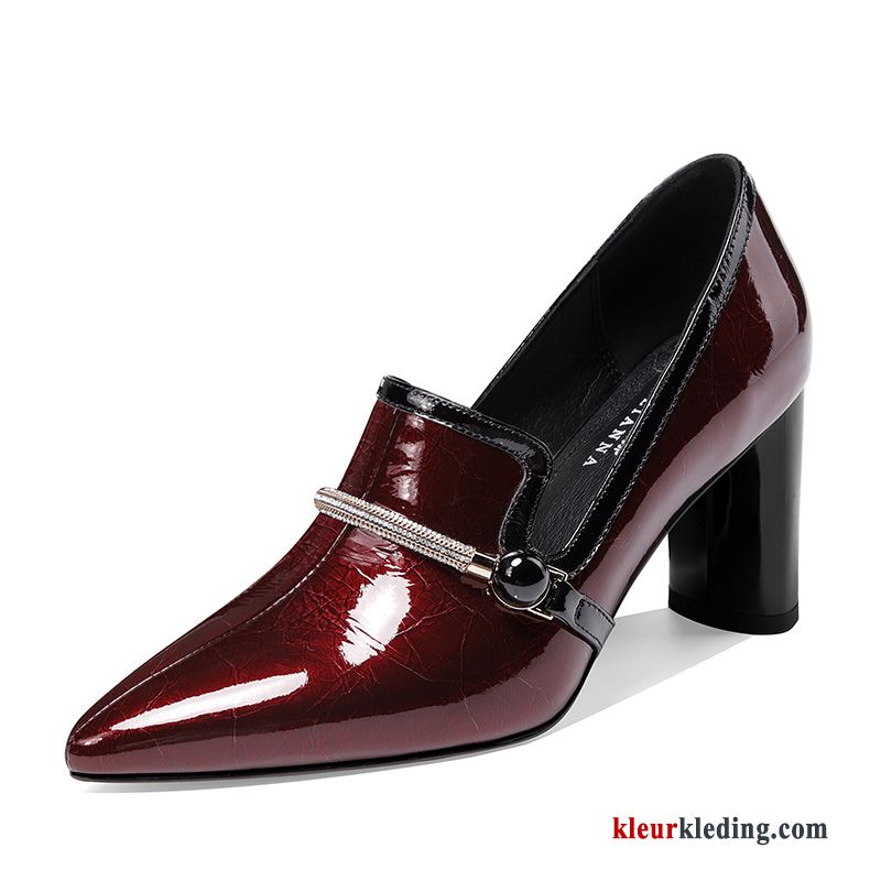 Dames Hoge Hakken Vrouwen Pumps Punt Dikke Zool Slip On Herfst Lakleer Mode Rood