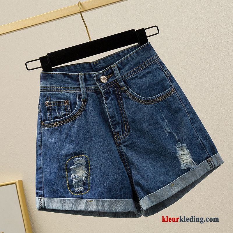 Dames Hoge Taille Donkerblauw Eenvoudige Gescheurd Denim Nieuw Rood Korte Broek