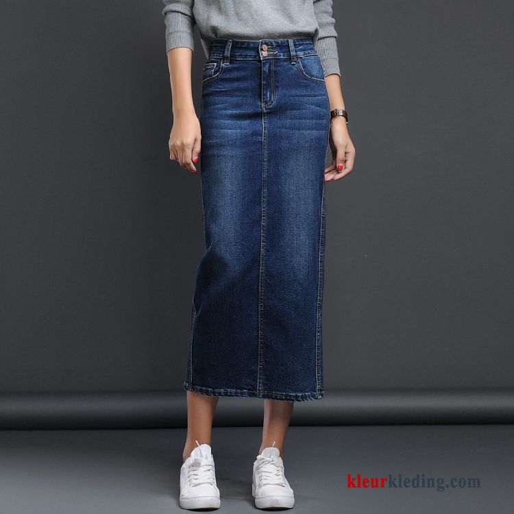 Dames Hoge Taille Slim Fit Denim Lang Zwart Rok Elastiek Herfst