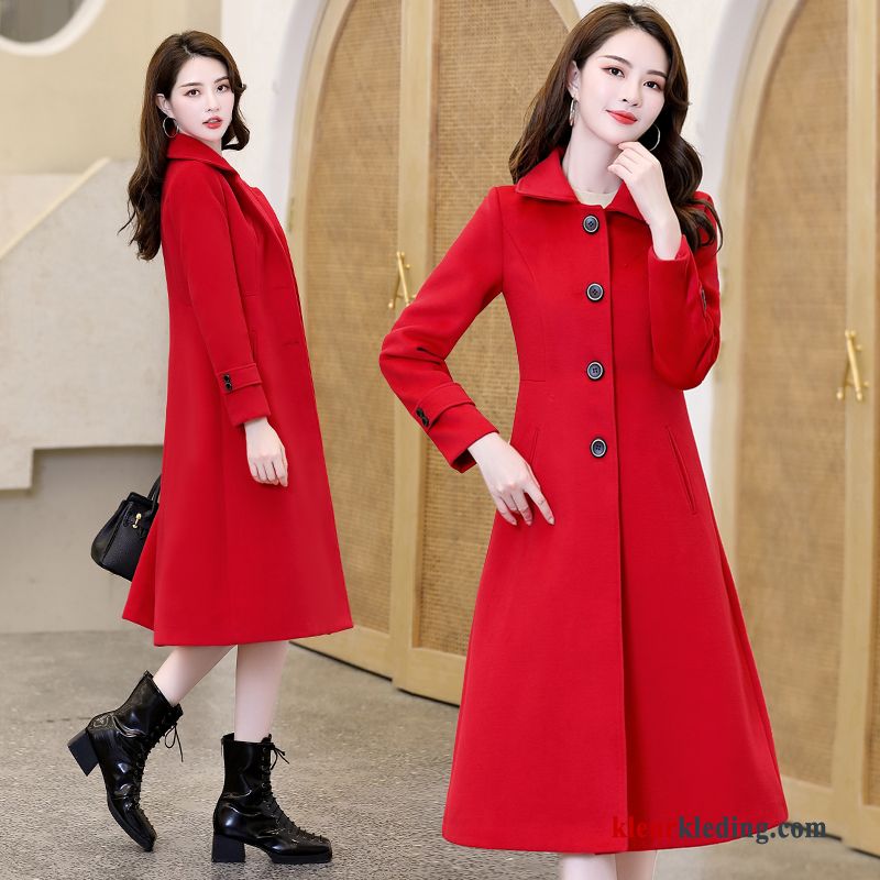 Dames Jas Groot Mode Winter Rood Elegante Eenvoudig Lange Nieuw