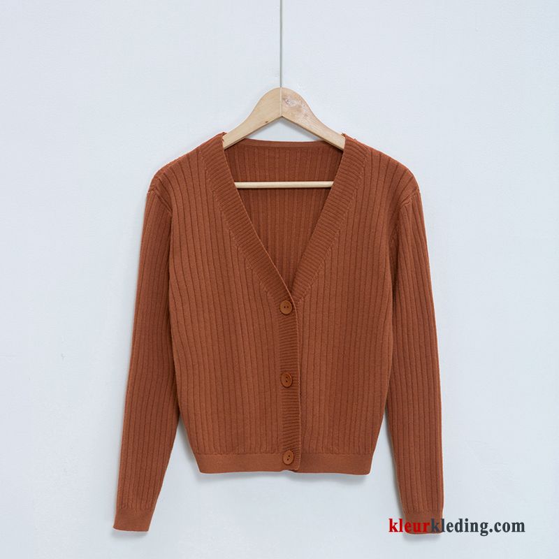 Dames Jas Kort Jasje Breien Herfst Trui Cardigan Bruine