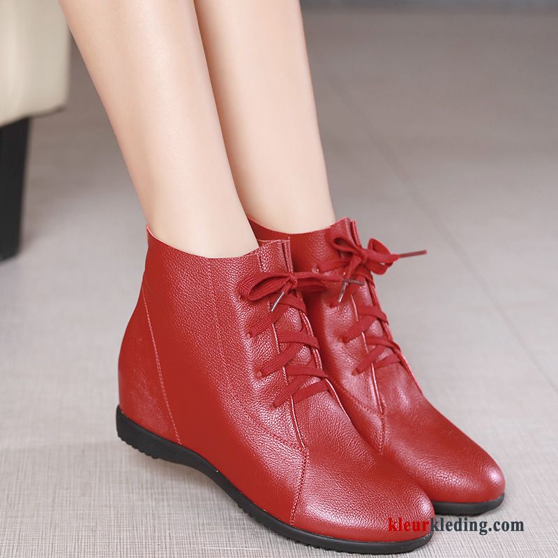 Dames Laarzen Sleehak Herfst Kant Echt Leer Grote Maten Laars Schoenen Warm Rood