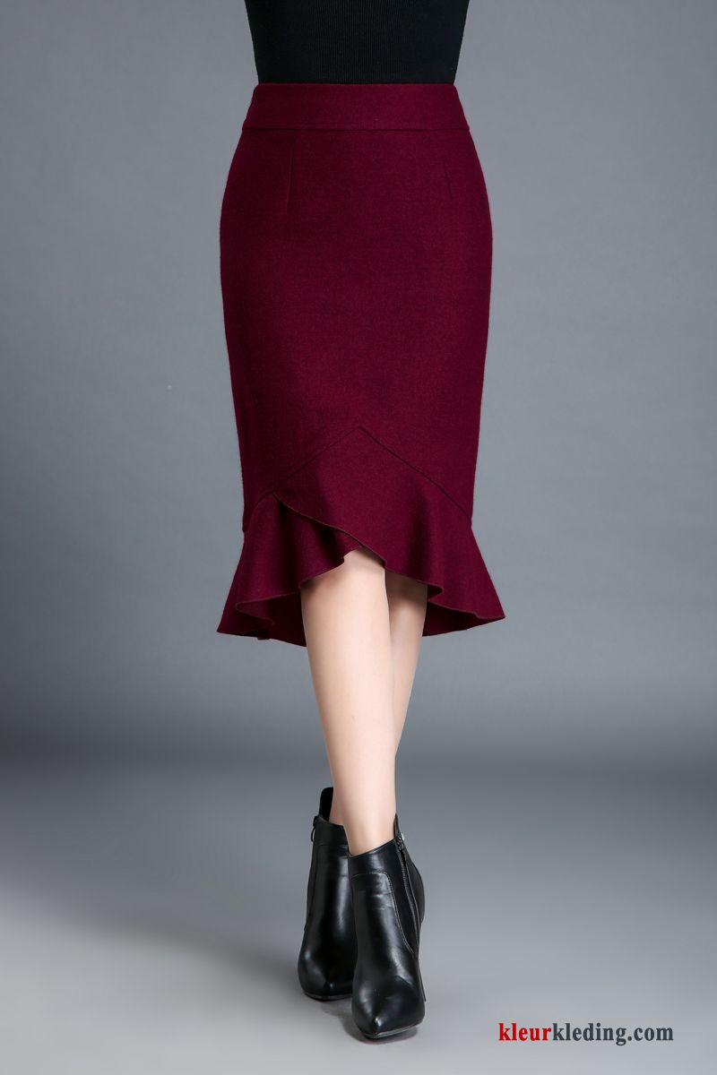 Dames Lang Herfst Jas Wol Dunne Winter 2018 Rok Rood Bruine