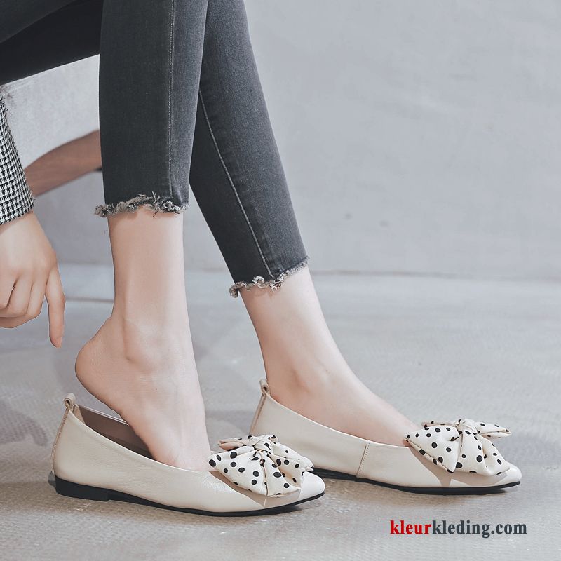 Dames Mocassins Slip On Vrouwen Plat Echt Leer Pumps Punt Schoenen Vlinderdas Beige