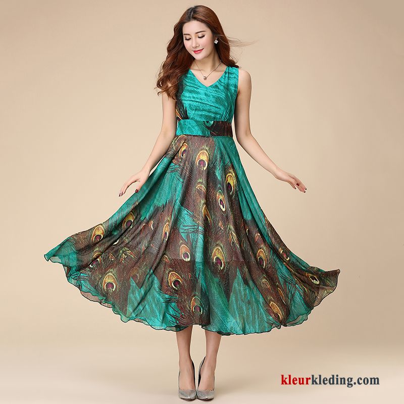 Dames Mouwloos Chiffon Rok Groot Bedrukken Bloemen Zomer Jurk