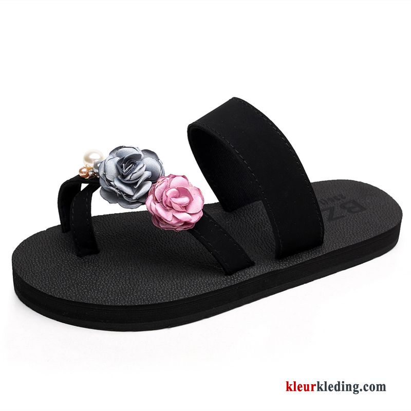 Dames Plat Strand Pantoffels Slipper Mode Antislip Zoet Schoenen Zwart