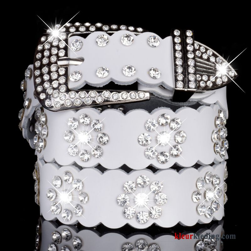 Dames Spijkerbroek Strass Decoratie Alle Wedstrijden Mode Riem Echt Leer Rood Wit