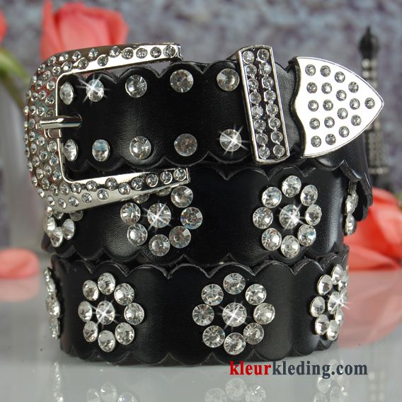 Dames Spijkerbroek Strass Decoratie Alle Wedstrijden Mode Riem Echt Leer Rood Wit