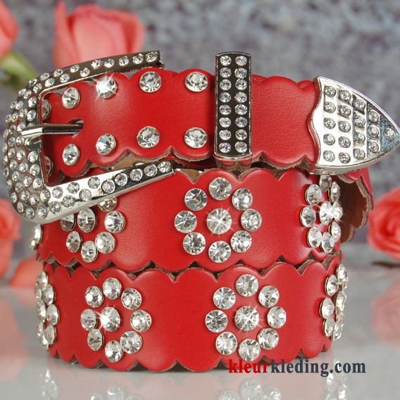 Dames Spijkerbroek Strass Decoratie Alle Wedstrijden Mode Riem Echt Leer Rood Wit