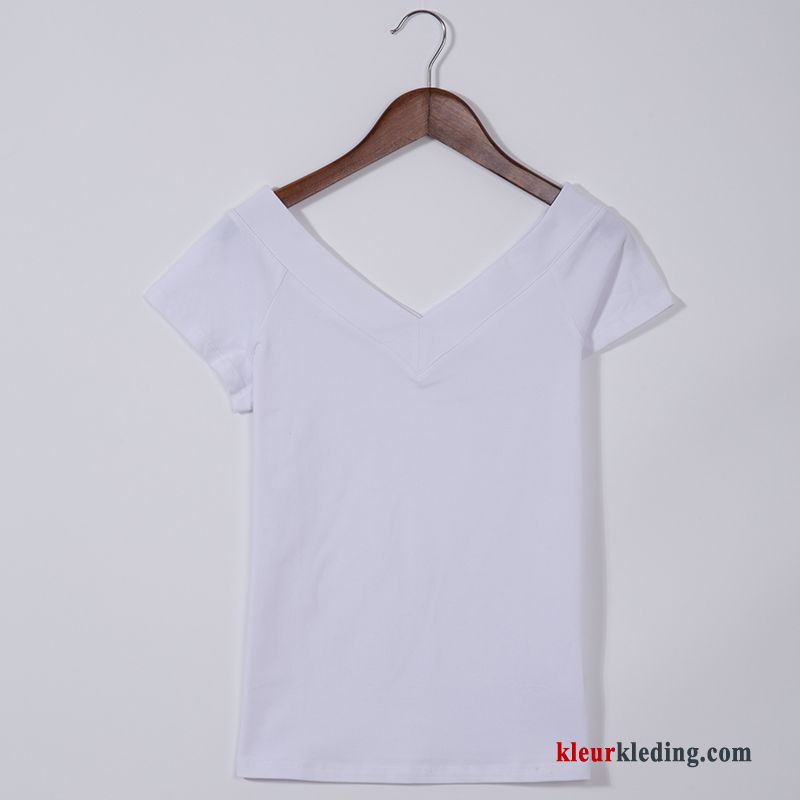 Dames T-shirts Grote Kraag Sexy Jasje Slim Fit Halve Mouw Open Rug Zwart Katoen