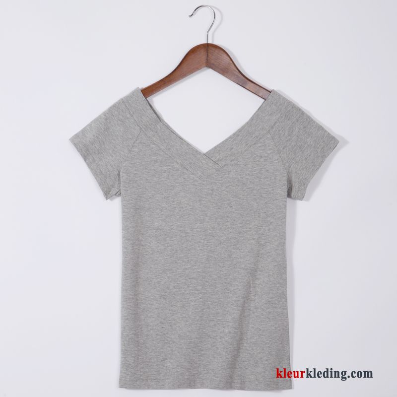 Dames T-shirts Grote Kraag Sexy Jasje Slim Fit Halve Mouw Open Rug Zwart Katoen