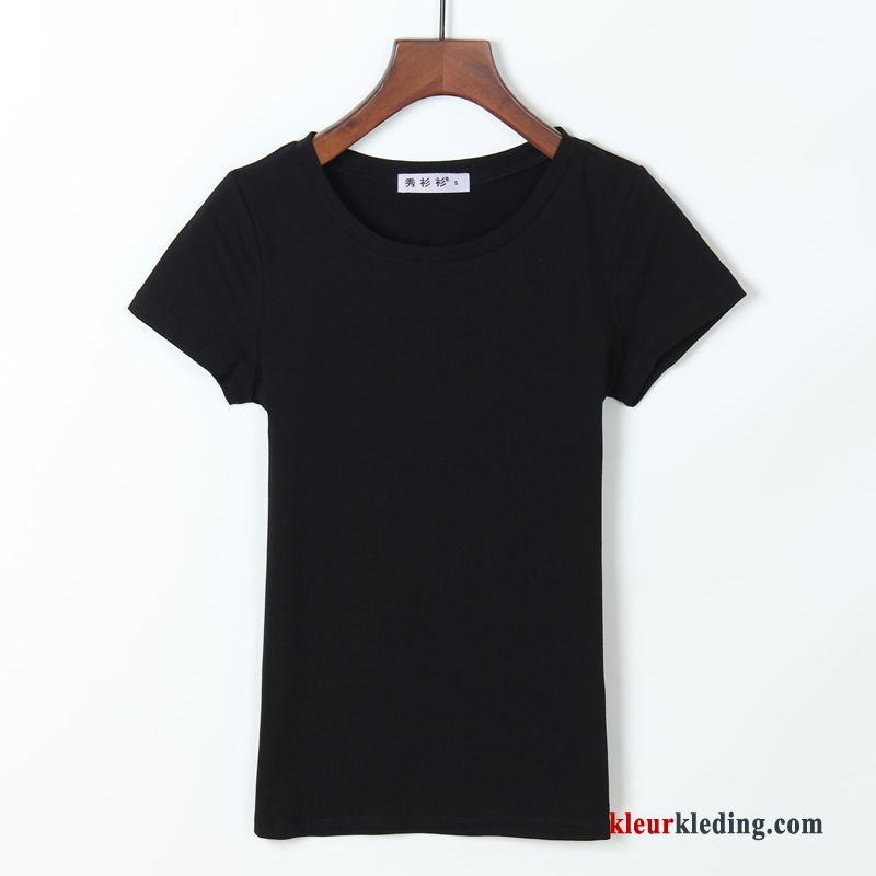 Dames T-shirts Halve Mouw Wit Zomer Korte Mouw Effen Kleur Dunne Slim Fit Zwart