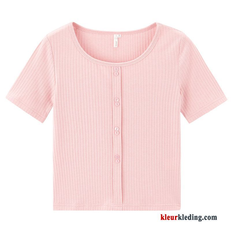 Dames T-shirts Vintage Mini Slim Fit Roze Ronde Hals Zomer Kort Dunne