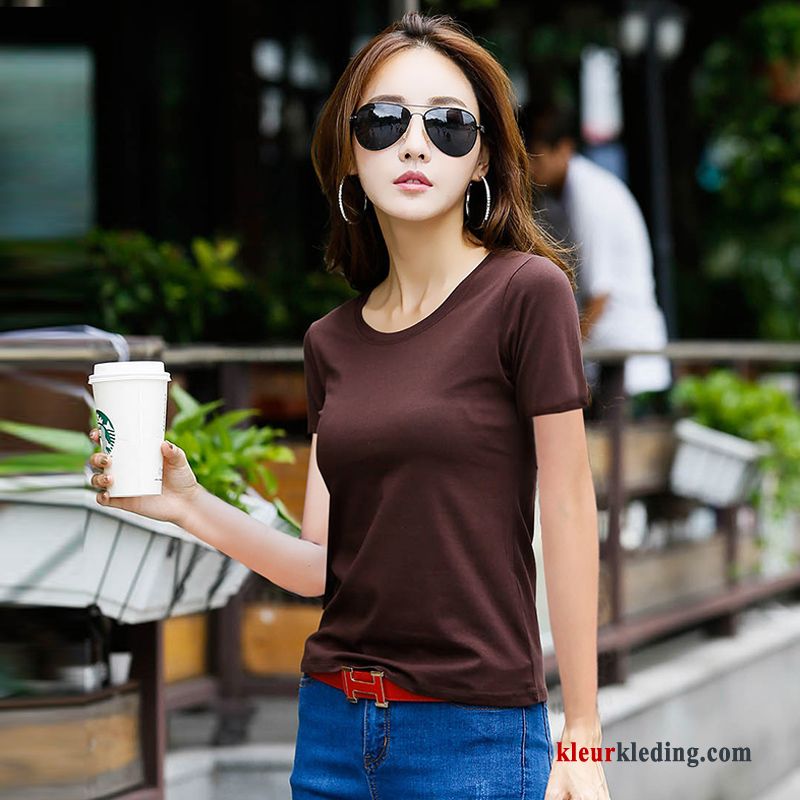 Dames T-shirts Zomer Effen Kleur Jasje Onderhemd Eenvoudige Zuiver Wit Dunne Slim Fit Beige