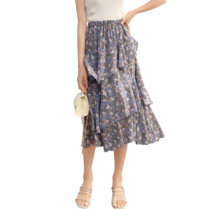 Dames Voorjaar Rok Lang Chiffon Zomer Bloemen Hoge Taille Abrikoos Kleur