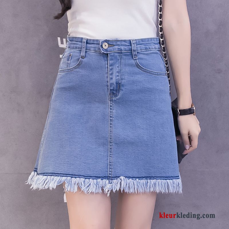 Denim Hoge Taille Rok Dames Grote Maten Slim Fit Elastiek Kwasten