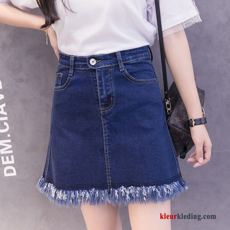 Denim Hoge Taille Rok Dames Grote Maten Slim Fit Elastiek Kwasten