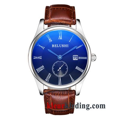 Echt Leer Mode Dun Student Heren Waterdicht Horloge Business Blauw