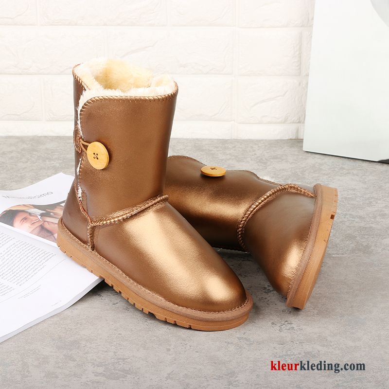 Echt Leer Sneeuw Laarzen Warm Winter Waterdicht Schoenen Katoen Antislip Dames Gouden