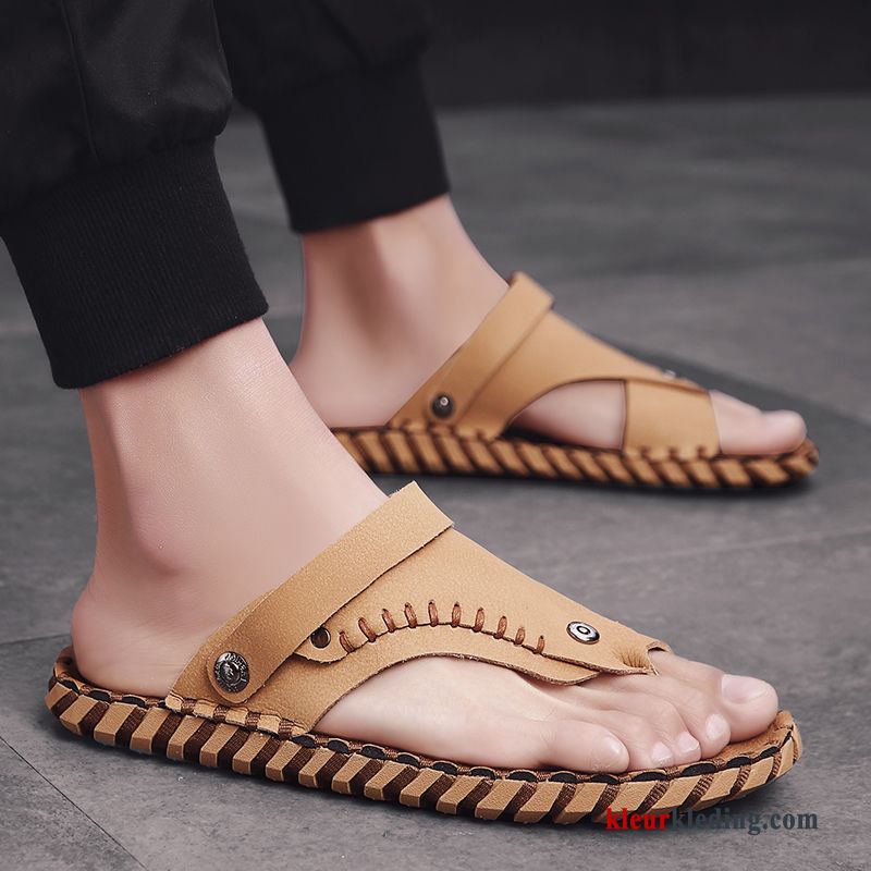 Flip Flops Leer Sandaal Zomer Pantoffels Schoenen Casual Alle Wedstrijden Mannen Heren Beige