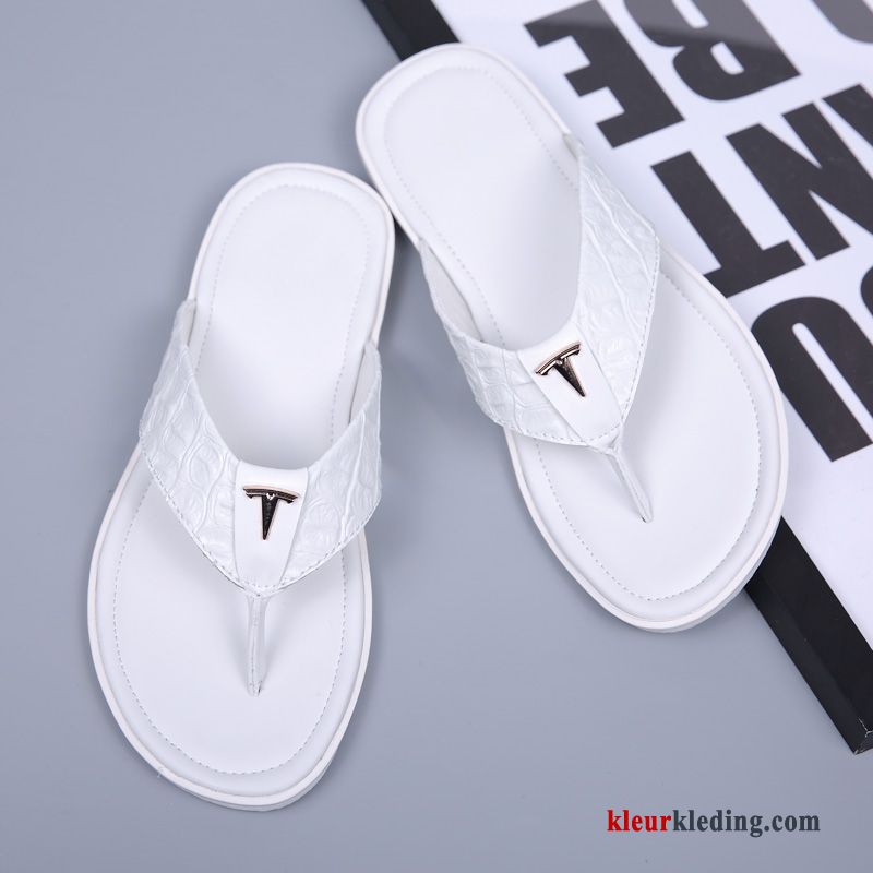 Flip Flops Pantoffels Echt Leer Antislip Slipper Trend Strand Licht Bruin Heren Wit