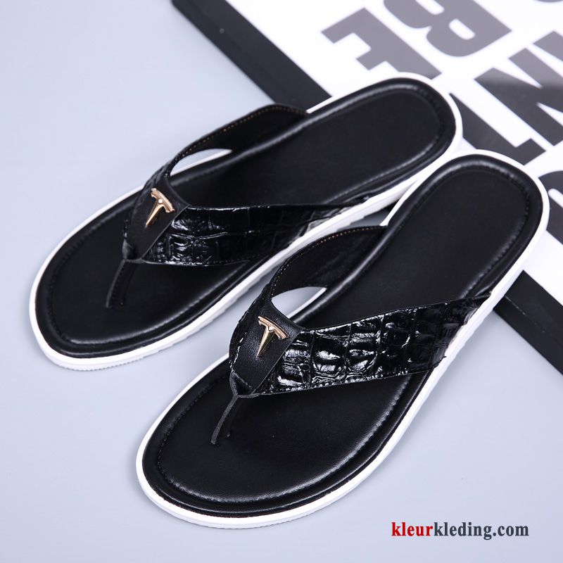 Flip Flops Pantoffels Echt Leer Antislip Slipper Trend Strand Licht Bruin Heren Wit