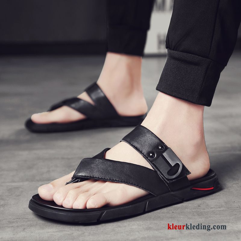 Flip Flops Schoenen Pantoffels Mannen Trend Mode Outdoor Persoonlijk Echt Leer Heren Zwart