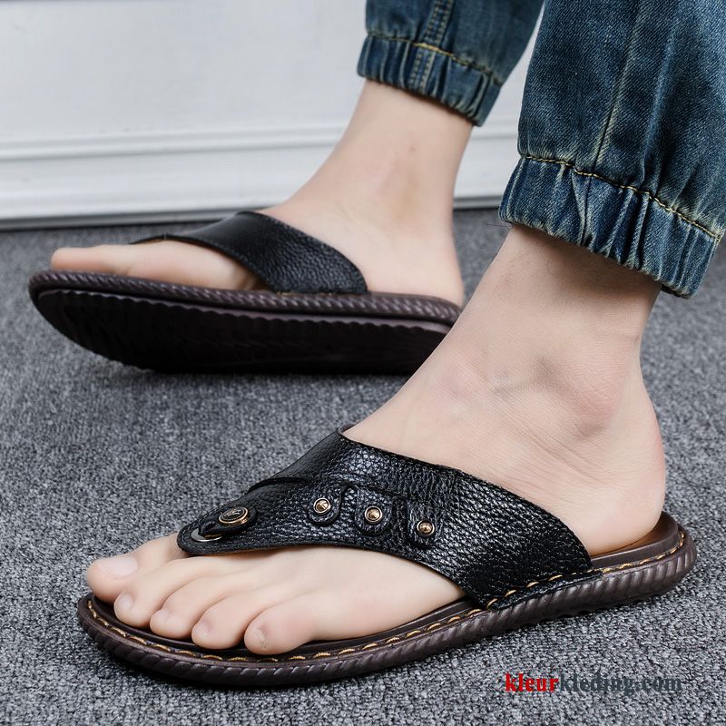 Flip Flops Slipper Sandaal Mannen Leer Antislip Schoenen Pantoffels Echt Leer Heren Zwart