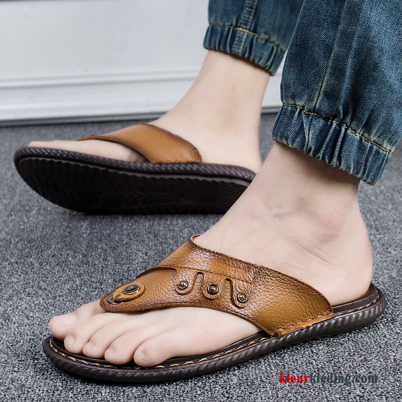 Flip Flops Slipper Sandaal Mannen Leer Antislip Schoenen Pantoffels Echt Leer Heren Zwart